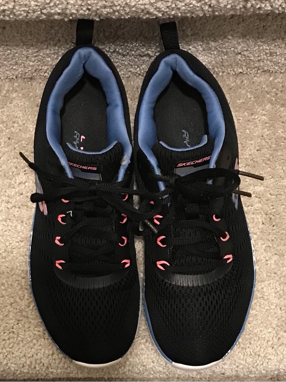 Skechers Women's Black Running Sneakers with Pink Eyelets and Light Blue Lining
